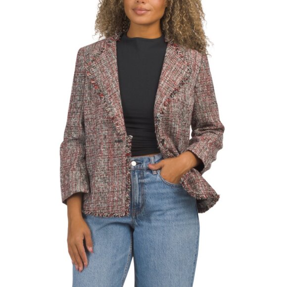KASPER Fire Red Multi Tweed One Button Wing Lapel Blazer With Fringed Hem - Picture 1 of 2
